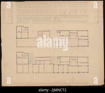 Knoblauch Eduard (1801-1865), Mietshäuser Kleine Poststraße 1-4 à Berlin (1834-1837): vue sur la rue, plan d'étage sous-sol, grenier, coupures. Aquarelle crayon, 57,7 x 69,7 cm (y compris les bords de numérisation) Banque D'Images