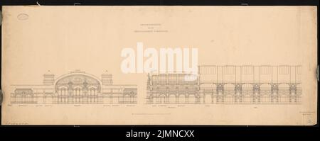 Eggert Hermann (1844-1920), gare principale de Francfort-sur-le-main. Bâtiment de réception (11,1880) : 2 découpes avec vue intérieure. Encre sur carton, 51,8 x 130,1 cm (y compris les bords de numérisation) Banque D'Images