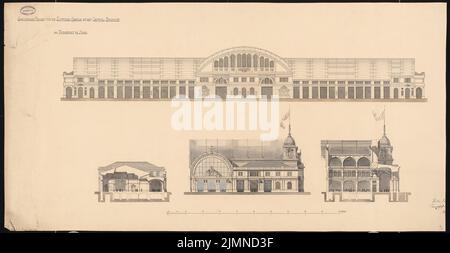 Eck, Summer Shoe & Rumpel, gare principale de Francfort-sur-le-main (1880) : 4 coupes avec vue intérieure et extérieure. Aquarelle d'encre, mise en page blanche sur le carton, 68 x 131,2 cm (y compris les bords de numérisation) Banque D'Images