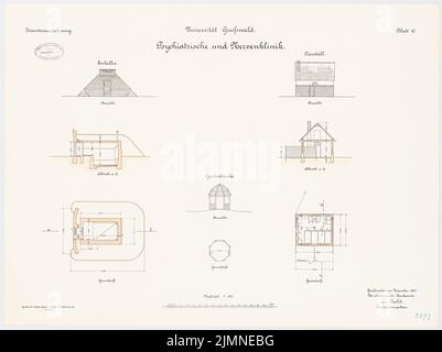 Architecte inconnu, Université de Greifswald. Clinique psychiatrique et nerveuse - extérieur (1907): Cave à glace dans plan d'étage, plan et plan; Gardena dans plan d'étage et plan; Animal stable dans plan d'étage, plan et plan de coupe 1: 100. Lithographie, 51,7 x 69,1 cm (y compris les bords de balayage) Banque D'Images