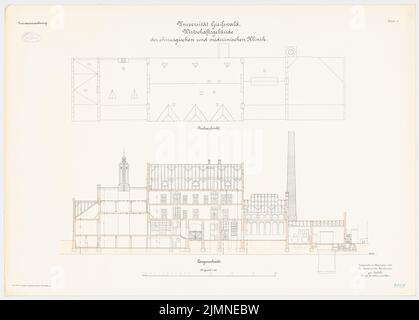 Architecte inconnu, Université de Greifswald. Clinique chirurgicale et médicale - bâtiment de ferme (1904): Plan d'étage supervision du toit, section longitudinale 1: 100. Lithographie, 69,9 x 97,6 cm (y compris les bords de balayage) Banque D'Images