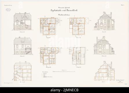 Architecte inconnu, Université de Greifswald. Clinique psychiatrique et neurotoxique - Maison du directeur (1907): Cave à plan d'étage, rez-de-chaussée, étage, étage supérieur, grenier, vue du nord et vue du sud, vue de l'ouest et vue de l'est, section longitudinale, coupes transversales. Lithographie, 82 x 121,6 cm (y compris les bords de balayage) Banque D'Images