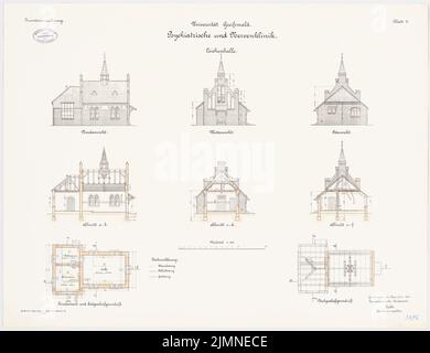 Architecte inconnu, Université de Greifswald. Clinique psychiatrique et neurotoxique - Leichenhalle (1907): Plan d'étage fondations, rez-de-chaussée, grenier, vue du nord, vue de l'ouest et vue de l'est, section longitudinale, sections transversales 1: 100. Lithographie, 61 x 79,2 cm (y compris les bords de balayage) Banque D'Images