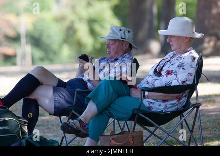 Londres, Royaume-Uni, 7 août 2022 : Brockwell Park, dans le sud de Londres, avec ses vues sur les gratte-ciels de la ville, est presque entièrement brun car l'herbe est morte avec presque aucune pluie au cours du mois dernier. Alors que la sécheresse frappe le sud-est de l'Angleterre, il y a des inquiétudes au sujet du risque d'incendies urbains et des appels aux compagnies d'eau pour imposer des interdictions de bécassines pour empêcher les dommages écologiques à la faune dans les rivières à débit exceptionnellement faible. Anna Watson/Alay Live News Banque D'Images