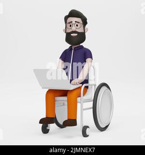 3D personnes handicapées un homme vient travailler avec un fauteuil roulant heureux Banque D'Images