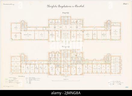 Architecte inconnu, Bergakademie à Clausthal (22 mai 1906): Grundriss Keller, rez-de-chaussée 1: 100. Lithographie colorée, 68,8 x 100,6 cm (y compris les bords de numérisation) Banque D'Images