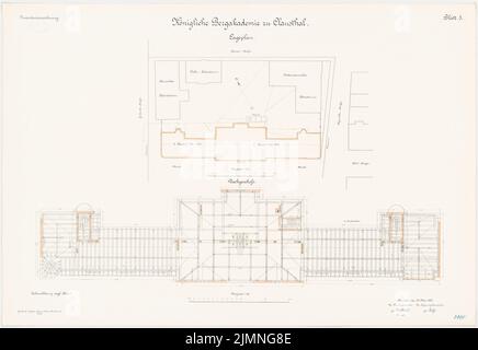 Architecte inconnu, Bergakademie à Clausthal (22 mai 1906): Plan du site 1: 250; grenier Grundriss 1: 100. Lithographie colorée, 69,1 x 100,6 cm (y compris les bords de numérisation) Banque D'Images