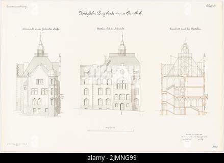 Architecte inconnu, Bergakademie à Clausthal (22 mai 1906) : vue latérale du RISS et vue sur la cour, section 1 : 100. Lithographie colorée, 68,9 x 100,8 cm (y compris les bords de numérisation) Banque D'Images