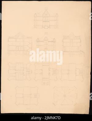 Knoblauch Eduard (1801-1865), Crollage de Lustschloss en Prusse Oldendorf (après 1852): Vue avant et arrière, coupes, plan de sol sous-sol, terre, haut et grenier, supervision du toit. Crayon, 62,3 x 50,1 cm (y compris les bords de numérisation) Banque D'Images