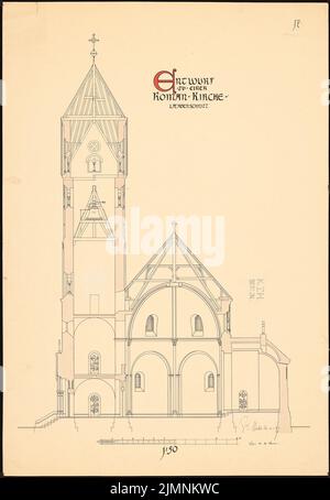 Sauce Eugène de la, église romane (23 avril 1907) : section longitudinale, 1:50. Tuche aquarelle sur la boîte, 91,7 x 63,4 cm (y compris les bords du scan) sauce Eugen de la : Romanische Kirche Banque D'Images