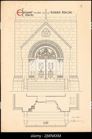 Sauce Eugen de la, église romane (23.04.1907) : portail, vue et coupe, 1:20. Encre sur carton, 68,4 x 47,2 cm (y compris les bords du scan) sauce Eugen de la : Romanische Kirche Banque D'Images