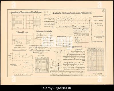 Sauce Eugen de la, études sur la statique (02.02.1905): Hotellobby. Examen statique d'une grille. Plan d'étage, découpe, calculs statiques, dessins, diagrammes et tableau. Encre, aquarelle couleur encre sur la boîte, 51,4 x 68,3 cm (y compris les bords de numérisation) sauce Eugen de la : Studien zur Statik Banque D'Images