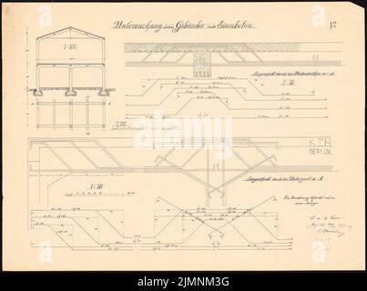 Sauce Eugen de la, études sur la statique (20 décembre 1907): Enquête sur un bâtiment en béton de fer. Enlèvements de matière, mises en plan. Encre sur carton, 48,1 x 64,6 cm (y compris les bords de numérisation) sauce Eugen de la : Studien zur Statik Banque D'Images