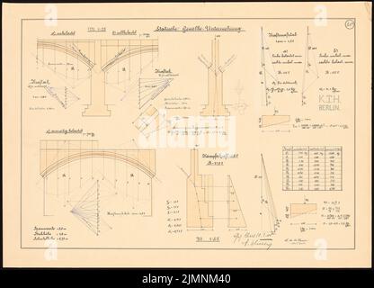 Sauce Eugen de la, études sur la statique (18 mars 1905): Examen statique de la voûte. Calculs, constructions géométriques et tableaux. Encre, aquarelle couleur encre sur la boîte, 50,2 x 69,6 cm (y compris les bords de numérisation) sauce Eugen de la : Studien zur Statik Banque D'Images