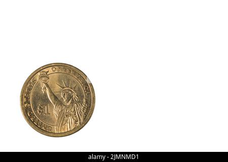 Gros plan d'une pièce de monnaie d'un dollar avec statue de la liberté sur le devant. Banque D'Images