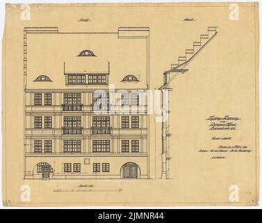 Poelzig Hans (1869-1936), groupe résidentiel Lauterbach à Breslau (06.03.1909): Hohenzollernstraße 103: Vue, coupe. Encre sur transparent, 70 x 88 cm (y compris les bords de balayage) Poelzig Hans (1869-1936): Wohnhaussruppe Lauterbach, Breslau Banque D'Images