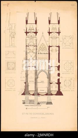 Orth August (1828-1901), Dom St. Petri à Brême. Restauration des tours (1887) : coupe transversale à travers les tours. Tusche aquarelle, sur une pause sur papier, 125,8 x 74,7 cm (y compris les bords de balayage) Orth August (1828-1901): Dom St. Petri, Brême. Wiederherstellung der Türme Banque D'Images