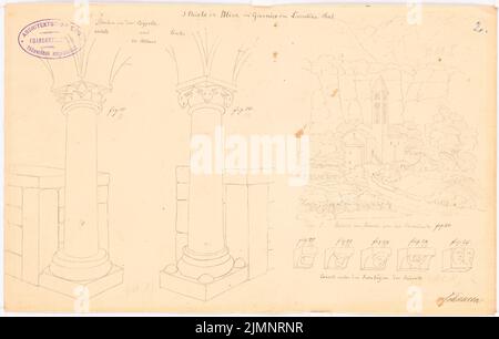 Cohausen Karl August von (1812-1894), S. Nicola da Mira im Leventinatal, Giornico (sans date): Vue en perspective du côté nord, colonnes de la crypte, consoles sous les arches de la frise du côté sud. Encre sur papier, 21,2 x 33,4 cm (y compris les bords de balayage) Cohausen Karl August von (1812-1894): S. Nicola da Mira im Leventinatal, Giornico Banque D'Images