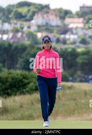 Georgia Hall d'Angleterre sur le green 4th pendant le quatrième jour de l'Open féminin AIG à Muirfield à Gullane, en Écosse. Date de la photo: Dimanche 7 août 2022. Banque D'Images