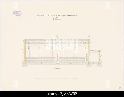 Architecte inconnu, lycée d'État, Breslau (sans dat.): Gymnase: Section longitudinale 1:75. Lithographie colorée sur le carton, 49 x 66,2 cm (y compris les bords de numérisation) N.N. : Gymnase Staatliches, Breslau Banque D'Images