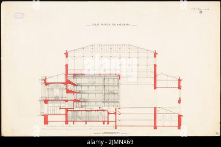 Lucae Richard (1829-1877), théâtre municipal de Magdeburg (1874) : section longitudinale 1 : 100. Encre, aquarelle crayon sur la boîte, 59 x 94,8 cm (y compris les bords de balayage) Lucae Richard (1829-1877): Stadttheater, Magdeburg Banque D'Images