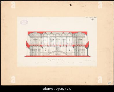 Lucae Richard (1829-1877), City Theatre de Magdeburg (1874): Section longitudinale dans le foyer 1: 100. Encre, crayon aquarelle sur papier, 50,2 x 66 cm (y compris les bords de numérisation) Lucae Richard (1829-1877): Stadttheater, Magdeburg Banque D'Images