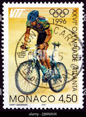 MONACO - VERS 1996 un timbre imprimé à Monaco montre Cyclisme, Sport Olympique, Jeux Olympiques d'été 1996, Atlanta, vers 1996 Banque D'Images