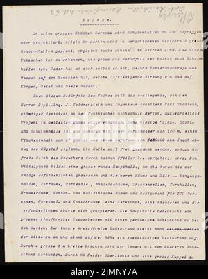 Poelzig Hans (1869-1936), piscine à Berlin (sans date) : synopsis de 9 pages sur le projet de la salle de natation et position de 1 pages du conseil municipal de construction M.Wagner et du conseil médical c. Drigalski. Matériau/technologie N.N. Capturé, 29,3 x 23 cm (y compris les bords de balayage) Poelzig Hans (1869-1936): Thermenpalast, Berlin Banque D'Images