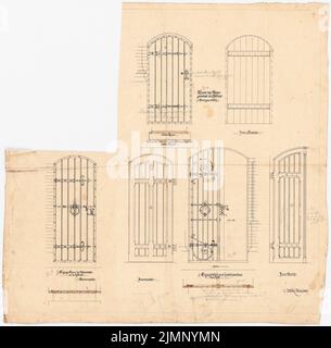 Lehmmübner Paul (1855-1916), District Suburetics à Prenzlau. (?) (1886): Vues et coupes des portes extérieures, des garnitures de portes et des grilles de fenêtres. Tusche, aquarelle crayon sur carton, 76,3 x 77,6 cm (y compris les bords de balayage) Lehmgrübner Paul (1855-1916): Kreis-Ständehaus, Prenzlau (?) Banque D'Images