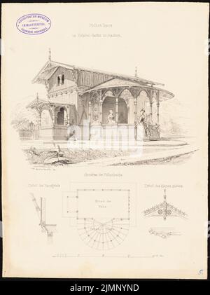 Ewerbeck, Franz (1839-1889), maison de petit-lait dans le jardin de l'hôpital, Aix-la-Chapelle (sans date): Vue perspective, plan d'étage, détails pignon, barre d'échelle. Tusche aquarelle sur papier, 36,4 x 27,2 cm (y compris les bords de balayage) Ewerbeck, Franz (1839-1889): Molkenhaus im Hospitalgarten, Aix-la-Chapelle Banque D'Images