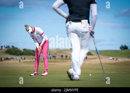 Ryann O'Toole des États-Unis sur le green 14th pendant le quatrième jour de l'AIG Women's Open à Muirfield à Gullane, en Écosse. Date de la photo: Dimanche 7 août 2022. Banque D'Images