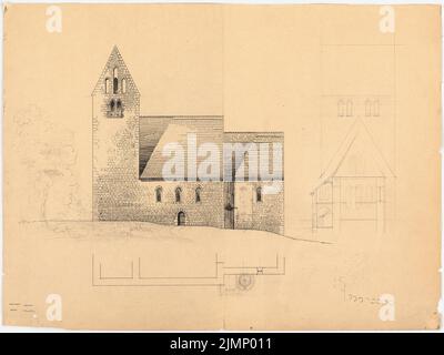 Lehmmübner Paul (1855-1916), Feldsteinkirche (sans dat.) : vue avant du RISS, vue latérale (incomplète). Encre, crayon sur papier, 51,7 x 68,9 cm (y compris les bords de numérisation) Lehmgrübner Paul (1855-1916): Feldsteinkirche Banque D'Images