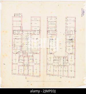 Lehmmübner Paul (1855-1916), immeuble résidentiel pour R. Seegers à Berlin (sans date): Grundrisse Keller, rez-de-chaussée. Encre, couleur encre, aquarelle sur lin, 57,9 x 56,1 cm (y compris les bords de numérisation) Lehmgrübner Paul (1855-1916): Wohnhaus für R. Seegers, Berlin Banque D'Images