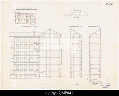 Lehmmübner Paul (1855-1916), immeuble résidentiel pour R. Seegers à Berlin (sans date): Vues et coupures. Encre, couleur encre, aquarelle sur lin, 51,7 x 68,6 cm (y compris les bords de numérisation) Lehmgrübner Paul (1855-1916): Wohnhaus für R. Seegers, Berlin Banque D'Images