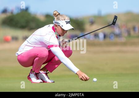 Ryann O'Toole des États-Unis sur le green 14th pendant le quatrième jour de l'AIG Women's Open à Muirfield à Gullane, en Écosse. Date de la photo: Dimanche 7 août 2022. Banque D'Images