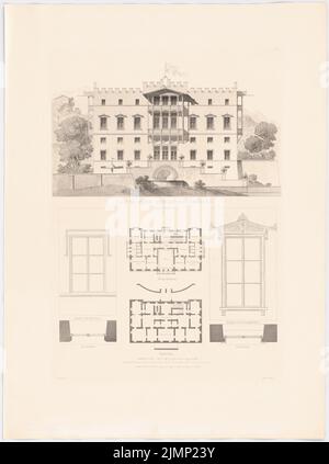 Lange Ludwig (1808-1868), fermé dans les montagnes. (Depuis : L. Lange, œuvres de l'architecture supérieure, 1856) (sans date) : plans d'étage, vue sur le jardin. Pression sur carton, 67,5 x 50,2 cm (y compris les bords de balayage) Lange Ludwig (1808-1868): Werke der höheren Baukunst, Darmstadt 1856. Schloss im Gebirge Banque D'Images