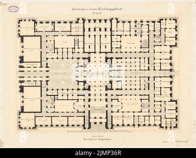 Giesenberg & Stöckhardt, Reichstag, Berlin (1882) : Grundriss EG 1 : 200. Encre sur carton, 61,9 x 81,8 cm (y compris les bords du scan) Giesenberg & Stöckhardt : Reichstag, Berlin. Zweiter Wettbewerb Banque D'Images