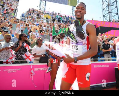 Birmingham, Royaume-Uni. 7th août 2022. Zharnel Hughes, d'Angleterre, célèbre après avoir remporté le relais hommes 4 x 100m lors du 10 e jour des Jeux du Commonwealth au stade Alexander, à Birmingham. Crédit photo devrait se lire: Paul Terry crédit: Paul Terry photo/Alamy Live News Banque D'Images