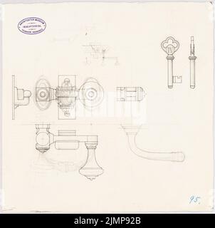 Lucae Richard (1829-1877), New Theatre (Opéra) à Francfort-sur-le-main (1871-1871): Détails de poignée de porte, château, clé; vues, coupures. Encre, crayon sur papier, 34,3 x 34,6 cm (y compris les bords de numérisation) Lucae Richard (1829-1877): Neues Theatre (Oper), Francfort-sur-le-main Banque D'Images