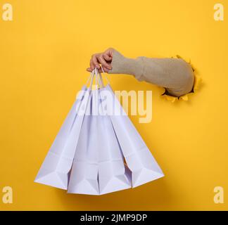 Une main féminine tient un sac jetable en papier blanc avec des poignées pour les articles d'épicerie et les vêtements. Emballage recyclable. Aucun gaspillage. Vente Banque D'Images