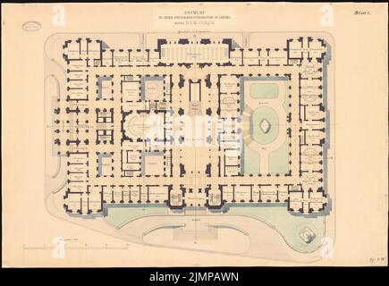 Bull Hubert (1838-1907), Reichsgericht à Leipzig (1884): Grundriss EG 1: 200. Encre, couleur de l'encre, aquarelle sur carton, 64,7 x 93,8 cm (y compris les bords de numérisation) couche d. Ä. Hubert (1838-1907): Reichsgericht, Leipzig Banque D'Images