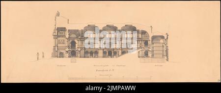 Bull Hubert (1838-1907), Reichsgericht à Leipzig (1884): Coupe transversale par le portail principal et l'escalier principal 1: 200. Tuche aquarelle sur la boîte, 30,4 x 80 cm (y compris les bords du scan) Stier d. Ä. Hubert (1838-1907): Reichsgericht, Leipzig Banque D'Images