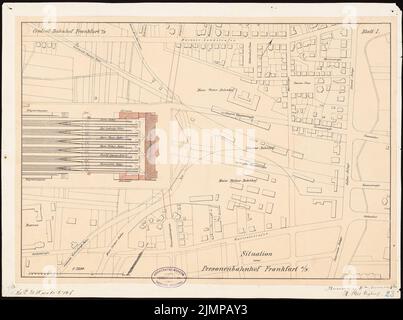 Bull Hubert (1838-1907), gare centrale de Francfort-sur-le-main. Bâtiment de réception (15 novembre 1880): Selon plan 1: 2500. Encre, encre colorée sur papier, 38,6 x 51,9 cm (y compris les bords de numérisation) niveau d. Ä. Hubert (1838-1907): Hauptbahnhof, Francfort-sur-le-main. Fürgerstraße Banque D'Images