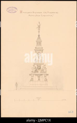 Hoffmann Emil (1845-1901), fontaine Hasselbach à Magdebourg (1884): Vue 1:50. Encre, couleur encre, aquarelle sur carton, 48,9 x 32,2 cm (y compris les bords de numérisation) Hoffmann Emil (1845-1901): Hasselbach-Brunnen, Magdeburg Banque D'Images