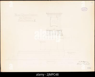 Hoffmann Emil (1845-1901), fontaine avec le monument Kaiser-Wilhelm à Lippstadt. Compétition mensuelle novembre 1889 (probablement dessin original) (02.12.1889): RISS vue latérale 1:10. Crayon sur carton, 51,5 x 67,7 cm (y compris les bords de balayage) Hoffmann Emil (1845-1901): Brunnen mit Kaiser-Wilhelm-Denkmal, Lippstadt. Monatskonkurrenz novembre 1889 (wahrscheinlich Originalzeichnung) Banque D'Images