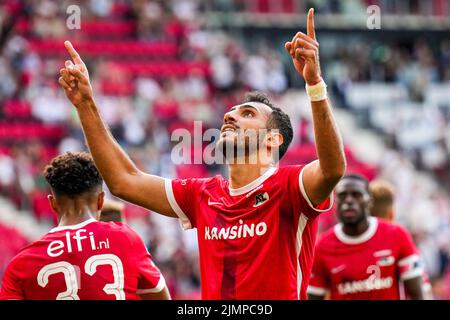 ALKMAAR - Vangelis Pavlidis d'AZ Alkmaar célèbre l'année 1-0 lors du match néerlandais entre AZ Alkmaar et les aigles Vas-y au stade AFAS de 7 août 2022 à Alkmaar, aux pays-Bas. ANP ED DU POL Banque D'Images