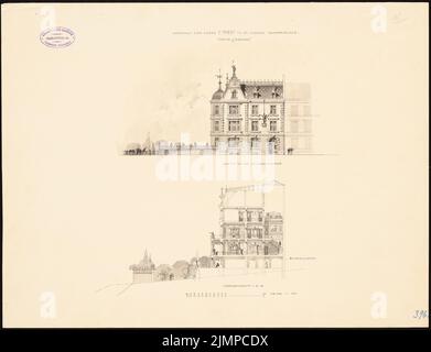 Hoffmann Emil (1845-1901), immeuble résidentiel de F. Pabst à Saarbrücken-St. Johann. Compétition mensuelle avril 1883 (probablement le dessin original) (04,1883): Vue du dessus Victoriastraße, section longitudinale 1: 200. Tusche aquarelle sur la boîte, 42,6 x 55,5 cm (y compris les bords de balayage) Hoffmann Emil (1845-1901): Wohnhaus für F. Pabst, Saarbrücken-St. Johann. Monatskonkurrenz avril 1883 (wahrscheinlich die Originalzeichnung) Banque D'Images