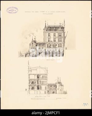 Hoffmann Emil (1845-1901), immeuble résidentiel de F. Pabst à Saarbrücken-St. Johann. Compétition mensuelle avril 1883 (probablement le dessin original) (04,1883): Vue du jardin supérieur, coupe transversale 1: 200. Tusche aquarelle sur la boîte, 43,1 x 36,1 cm (y compris les bords de balayage) Hoffmann Emil (1845-1901): Wohnhaus für F. Pabst, Saarbrücken-St. Johann. Monatskonkurrenz avril 1883 (wahrscheinlich die Originalzeichnung) Banque D'Images