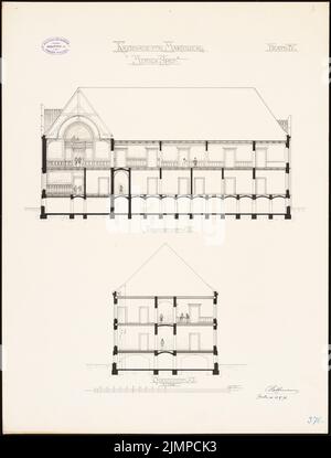 Hoffmann Emil (1845-1901), bureau de district (maison de district) à Marienburg. Compétition mensuelle Mars 1893 (probablement le dessin original) (13.05.1893): Section longitudinale, section transversale 1: 100. Encre sur carton, 67,6 x 51,3 cm (y compris les bords de balayage) Hoffmann Emil (1845-1901): Landratsamt (Kreishaus), Marienburg. Monatskonkurrenz März 1893 (wahrscheinlich die Originalzeichnung) Banque D'Images