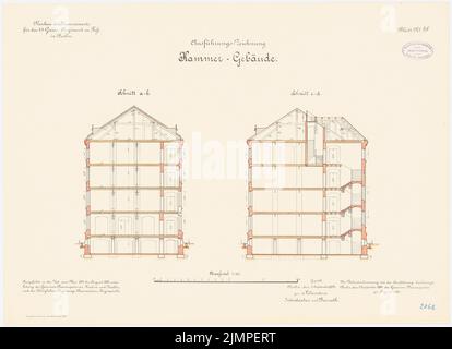 Schönhal, caserne du vestiaire 4th à pied, Berlin-Moabit (1891-1893): Bâtiment de chambre: Sections 1: 100. Lithographie colorée sur le carton, 47,8 x 65,9 cm (y compris les bords de balayage) Schönhal : Kaserne des 4. Gardéariments zu Fuß, Berlin-Moabit Banque D'Images